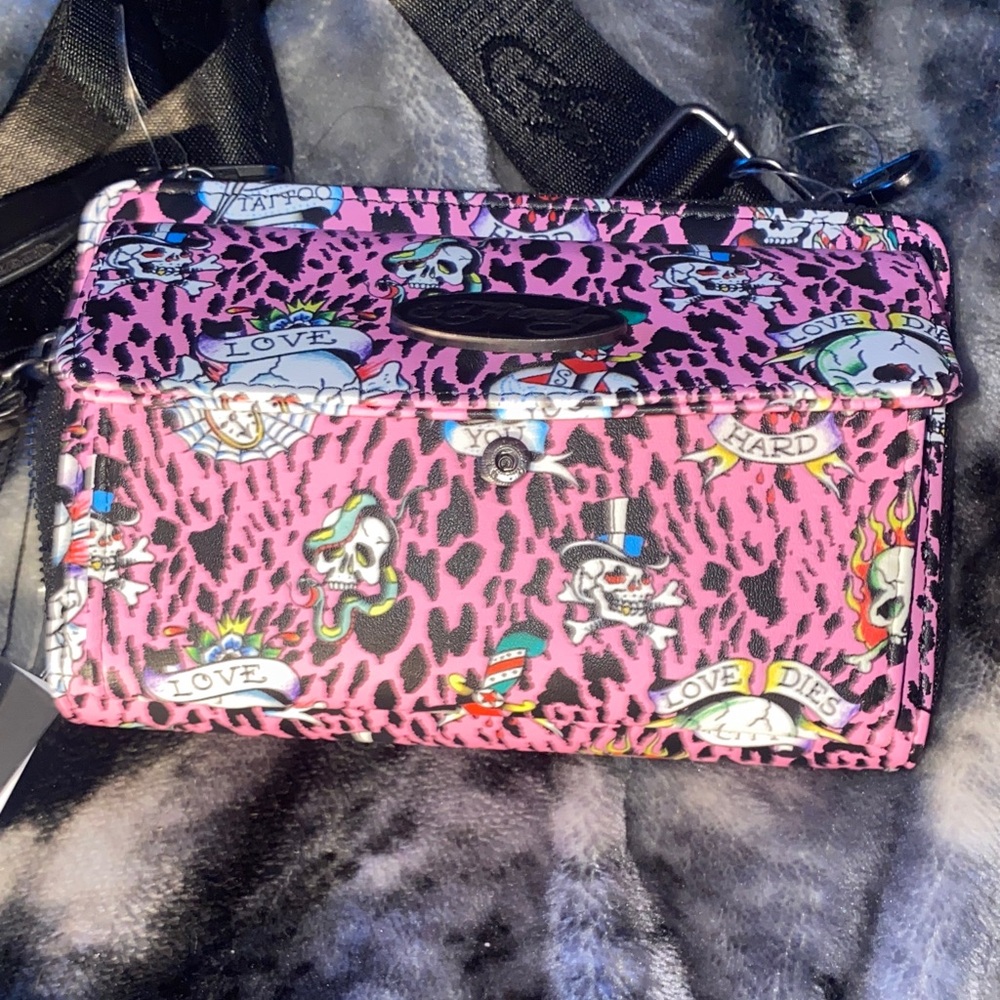 Ed Hardy Pink Tattoo Skull Print Crossbody Bag